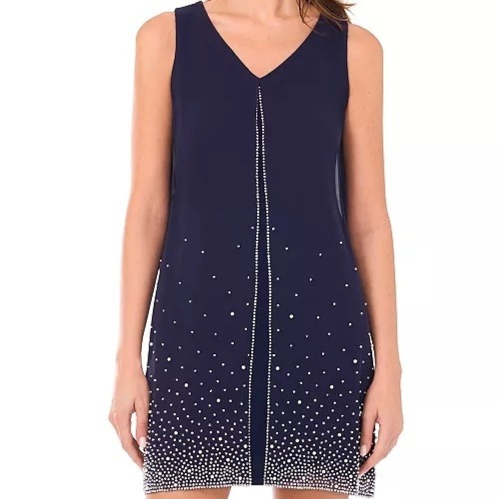 NWT MSK Navy Sleeveless Rhinestone Pearl Embellished Shift Dress Womens Sz Large - Picture 1 of 11